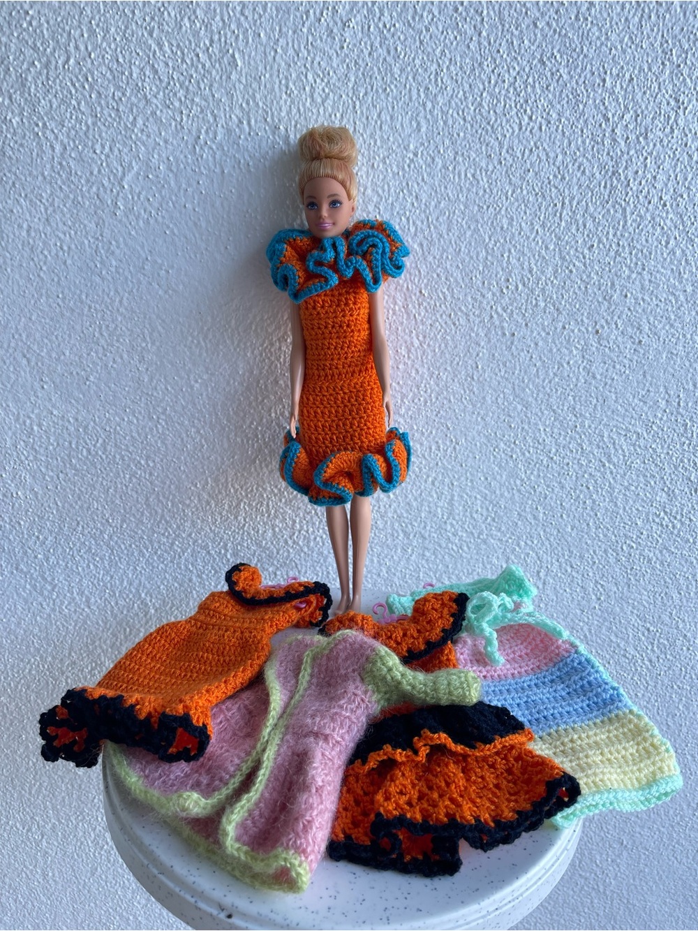 Handmade Orange Crochet Dress with Blue Trim for Fashion Doll